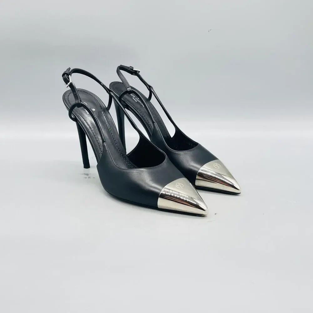 Louis Vuitton Shoes Womens 6.5 Black Leather Cap Toe Slingback Stiletto Heels - Picture 2 of 12